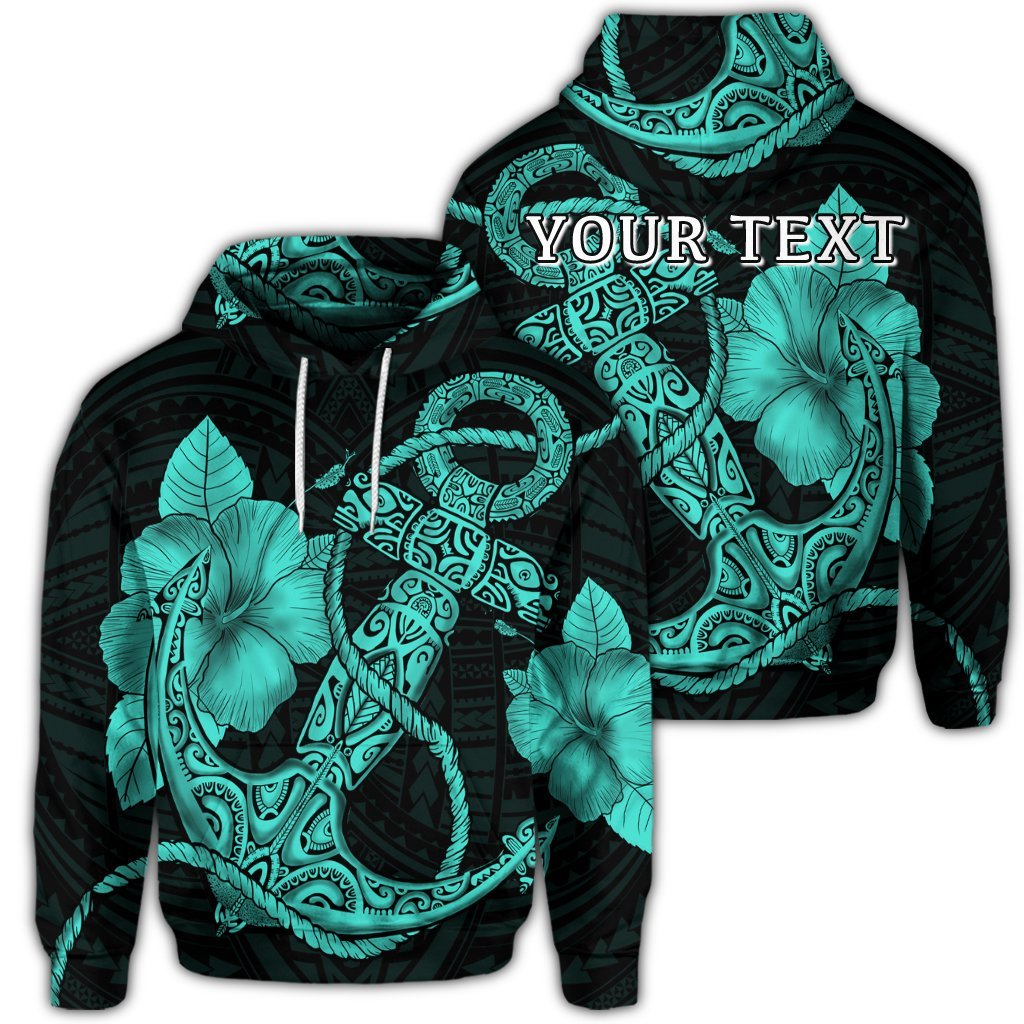 Custom Hawaiian Anchor Poly Tribal Hibiscus Polynesian Hoodie Turquoise Unisex Art - Polynesian Pride