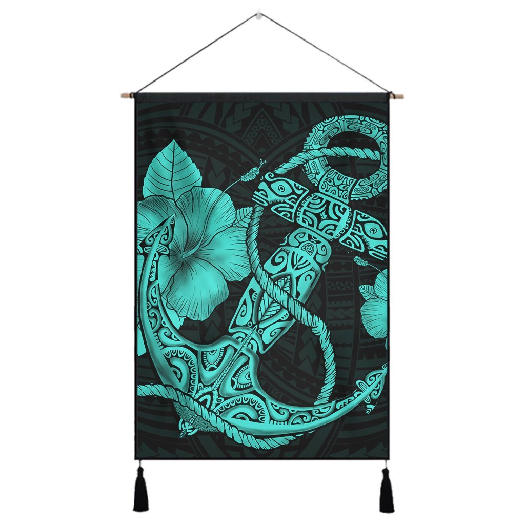 Hawaiian Anchor Poly Tribal Hibiscus Polynesian Hanging Poster Turquoise - AH Hanging Poster Cotton And Linen - Polynesian Pride