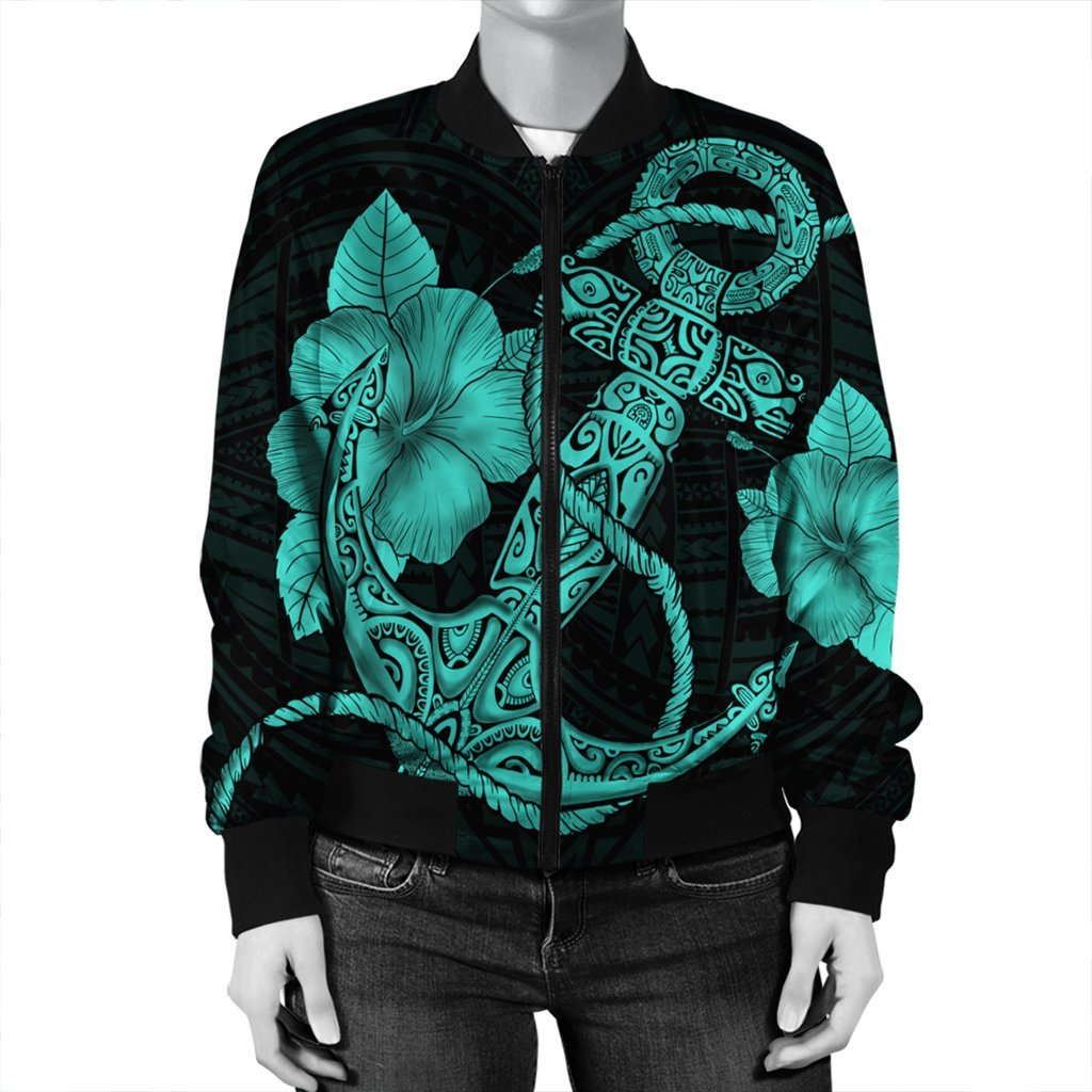 Hawaiian Anchor Poly Tribal Hibiscus Polynesian Bomber Jacket Turquoise - AH - Polynesian Pride