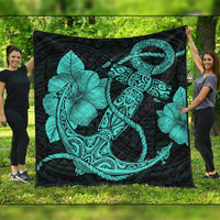 Hawaiian Anchor Poly Tribal Hibiscus Polynesian Premium Quilts Turquoise - AH Black - Polynesian Pride