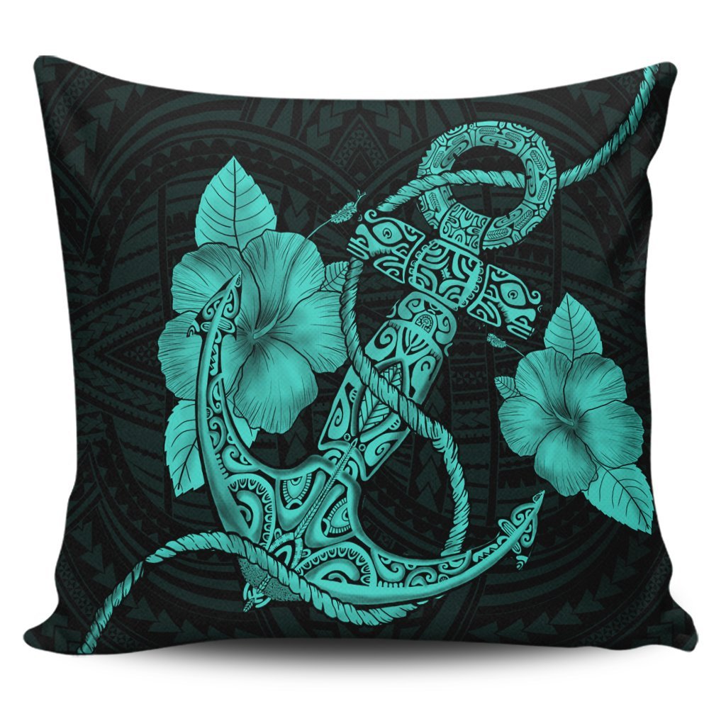 Hawaiian Anchor Poly Tribal Hibiscus Polynesian Pillow Covers Turquoise - AH Pillow Covers Black - Polynesian Pride