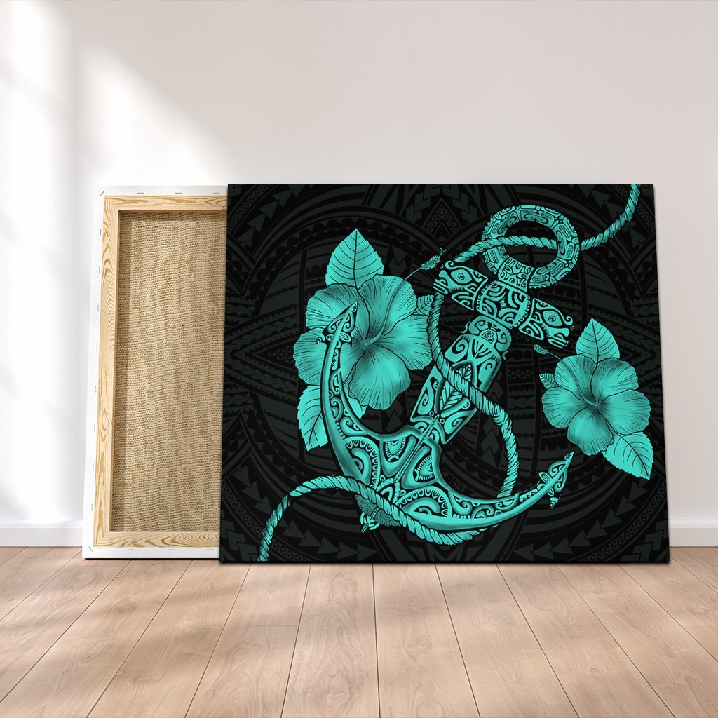 Hawaiian Anchor Poly Tribal Hibiscus Polynesian Canvas Turquoise - AH Canvas Poly-cotton - Polynesian Pride