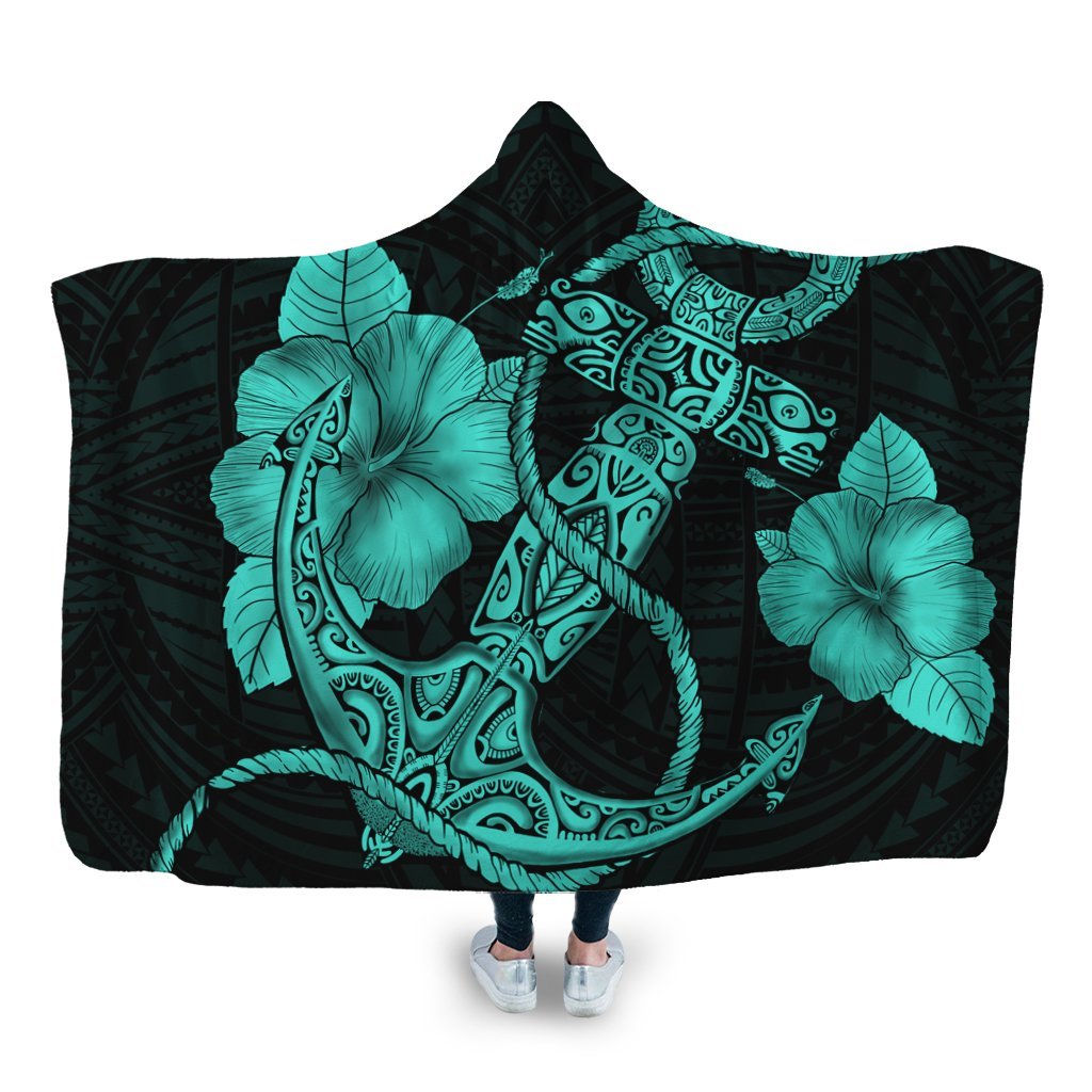 Hawaiian Anchor Poly Tribal Hibiscus Polynesian Hooded Blanket Turquoise - AH Hooded Blanket White - Polynesian Pride