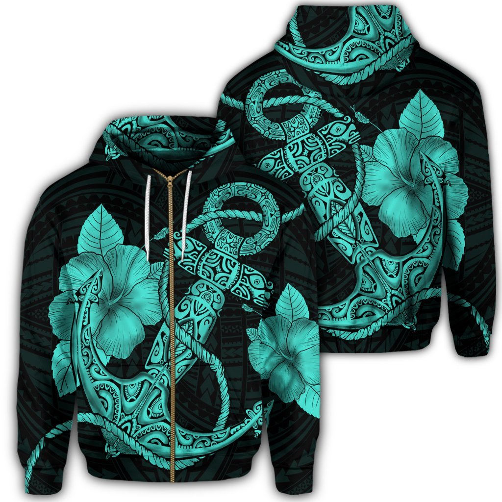 Hawaiian Anchor Poly Tribal Hibiscus Polynesian Zip Hoodie Turquoise Unisex Art - Polynesian Pride