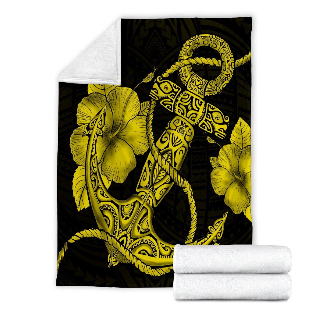 Hawaiian Anchor Poly Tribal Hibiscus Polynesian Premium Blankets Yellow - AH - Polynesian Pride