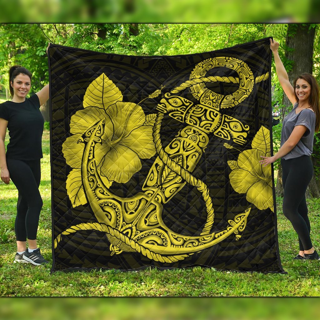 Hawaiian Anchor Poly Tribal Hibiscus Polynesian Premium Quilts Yellow - AH Black - Polynesian Pride