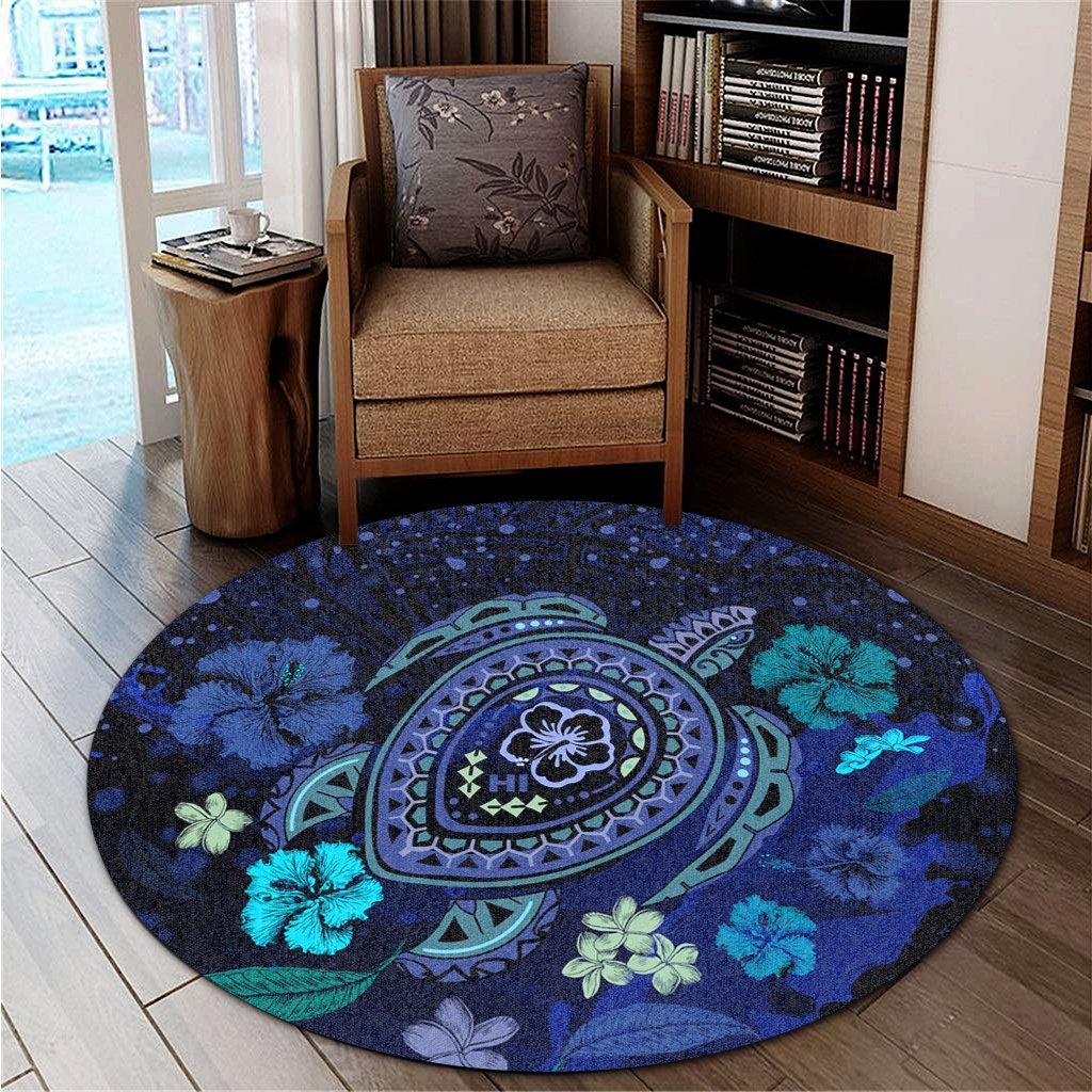 Hawaiian Blue Ocean Honu And Flowers Round Carpet AH - Polynesian Pride