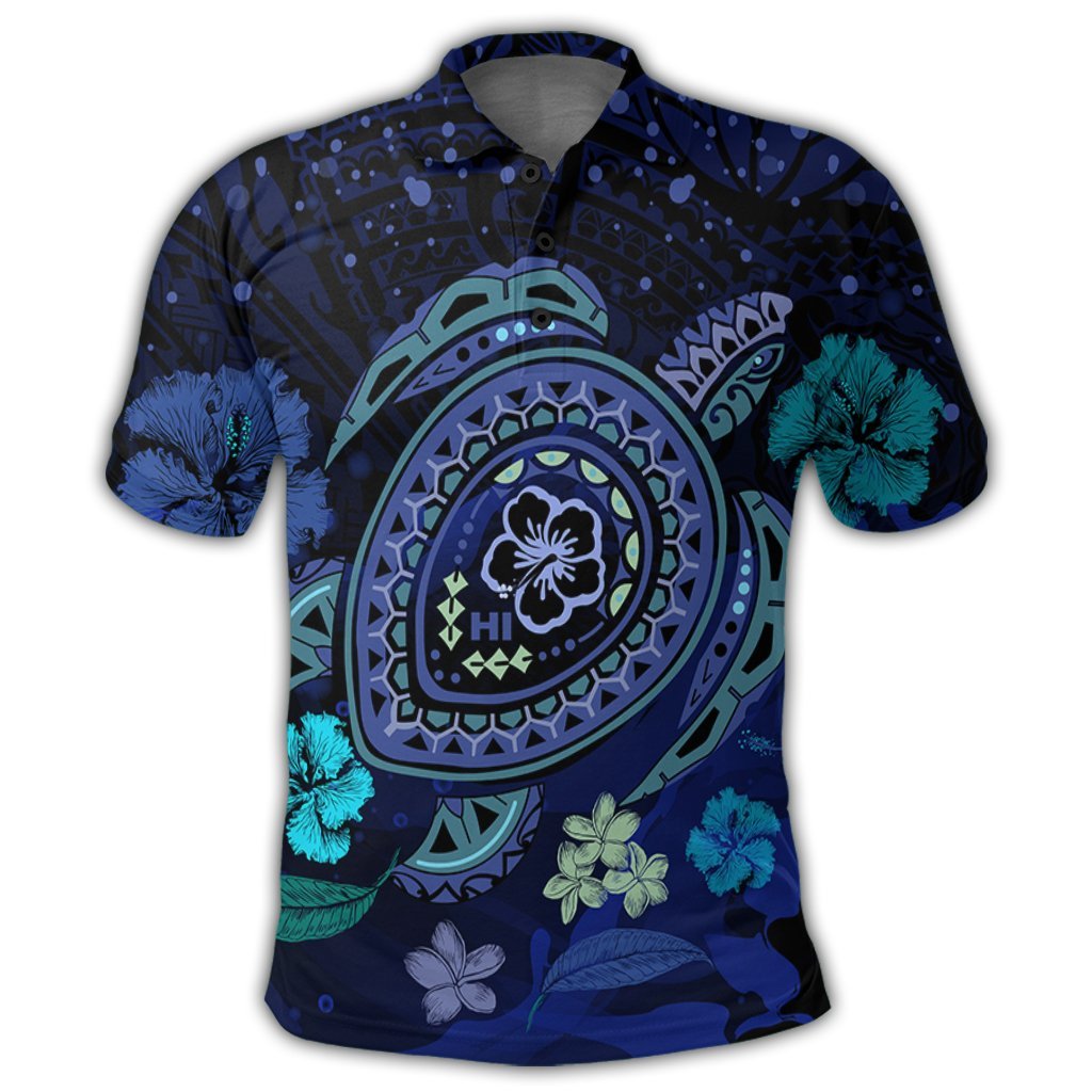 Hawaiian Blue Ocean Honu and Flowers Polo Shirt - Polynesian Pride