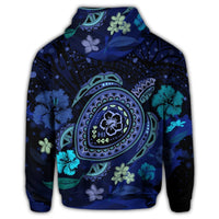 Hawaiian Blue Ocean Honu and Flowers Zip Hoodie - Polynesian Pride