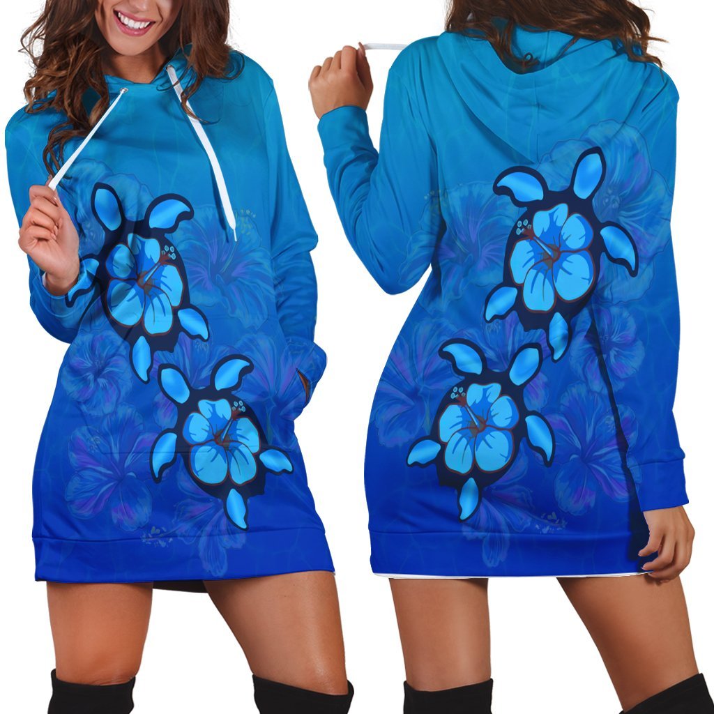 Hawaiian Blue Turtle and Hibiscus Polynesian Hoodie Dress - AH Black - Polynesian Pride