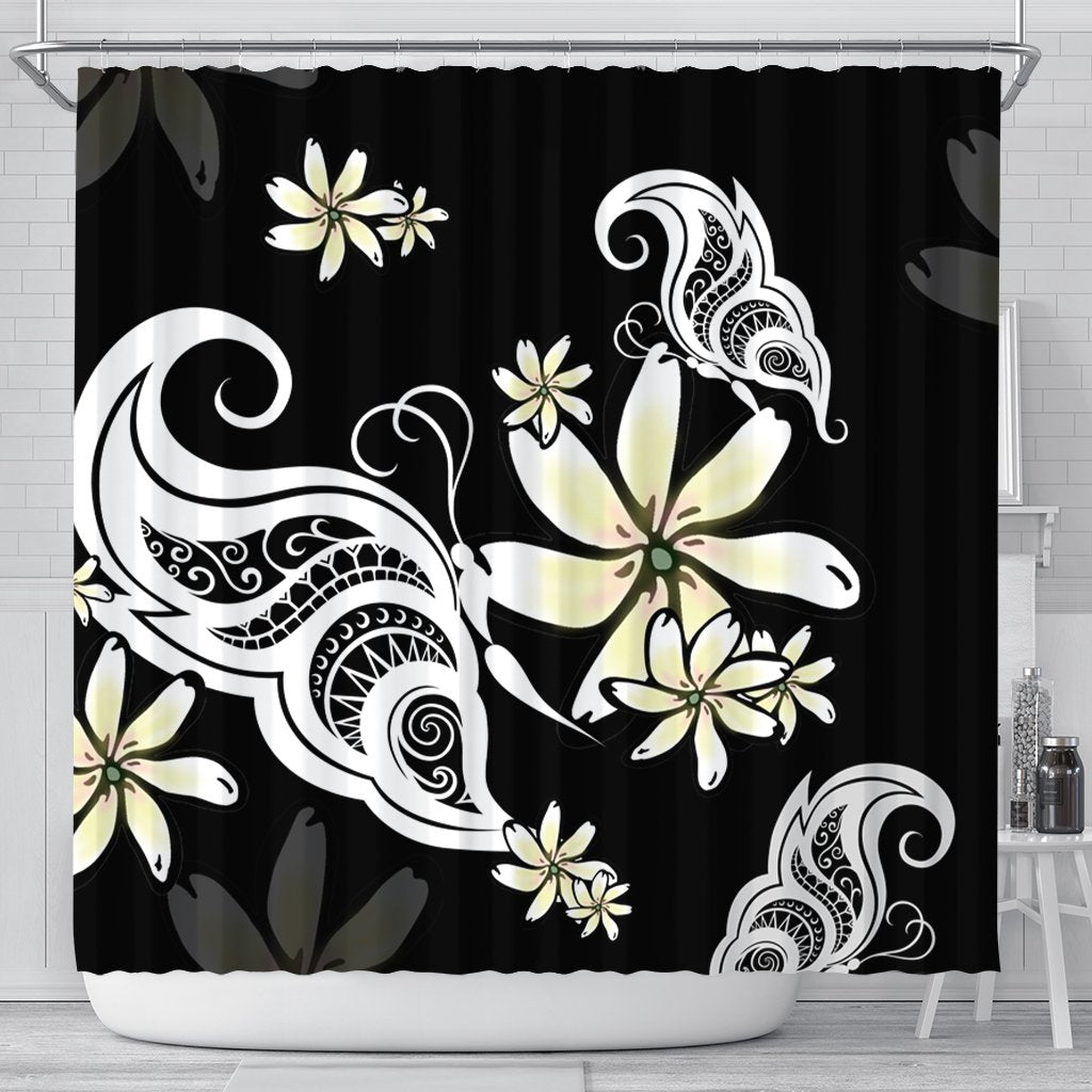 Hawaiian Butterfly Plumeria Polynesian Shower Curtain - AH 177 x 172 (cm) Black - Polynesian Pride