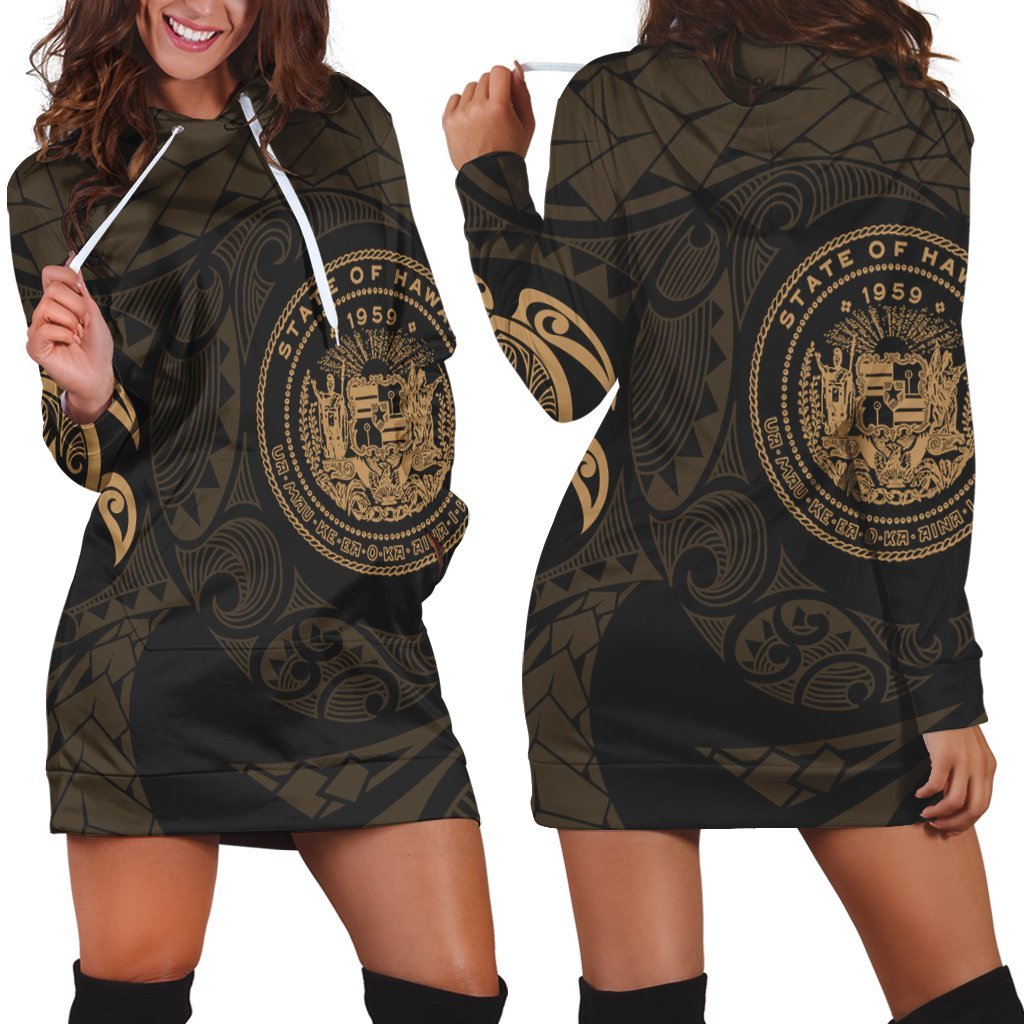 Hawaiian Coat Of Arms Turtle Polynesian Hoodie Dress Gold AH Black - Polynesian Pride