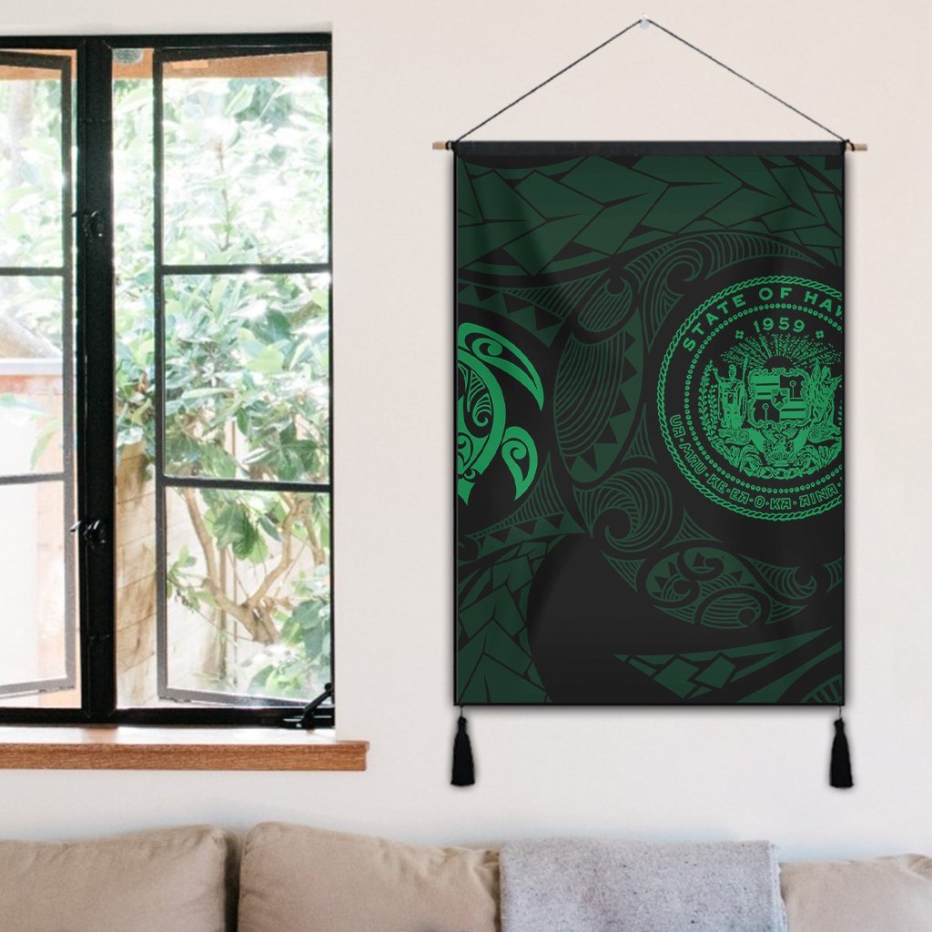 Hawaiian Coat Of Arms Turtle Polynesian Hanging Poster Green AH - Polynesian Pride