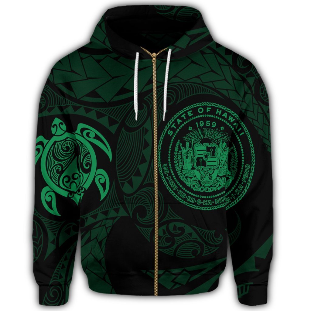 Hawaiian Coat of Arms Turtle Polynesian Zip Hoodie Green - Polynesian Pride