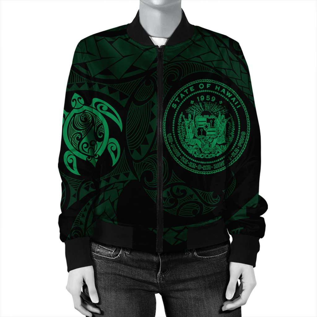 Hawaiian Coat Of Arms Turtle Polynesian Bomber Jacket Green AH - Polynesian Pride