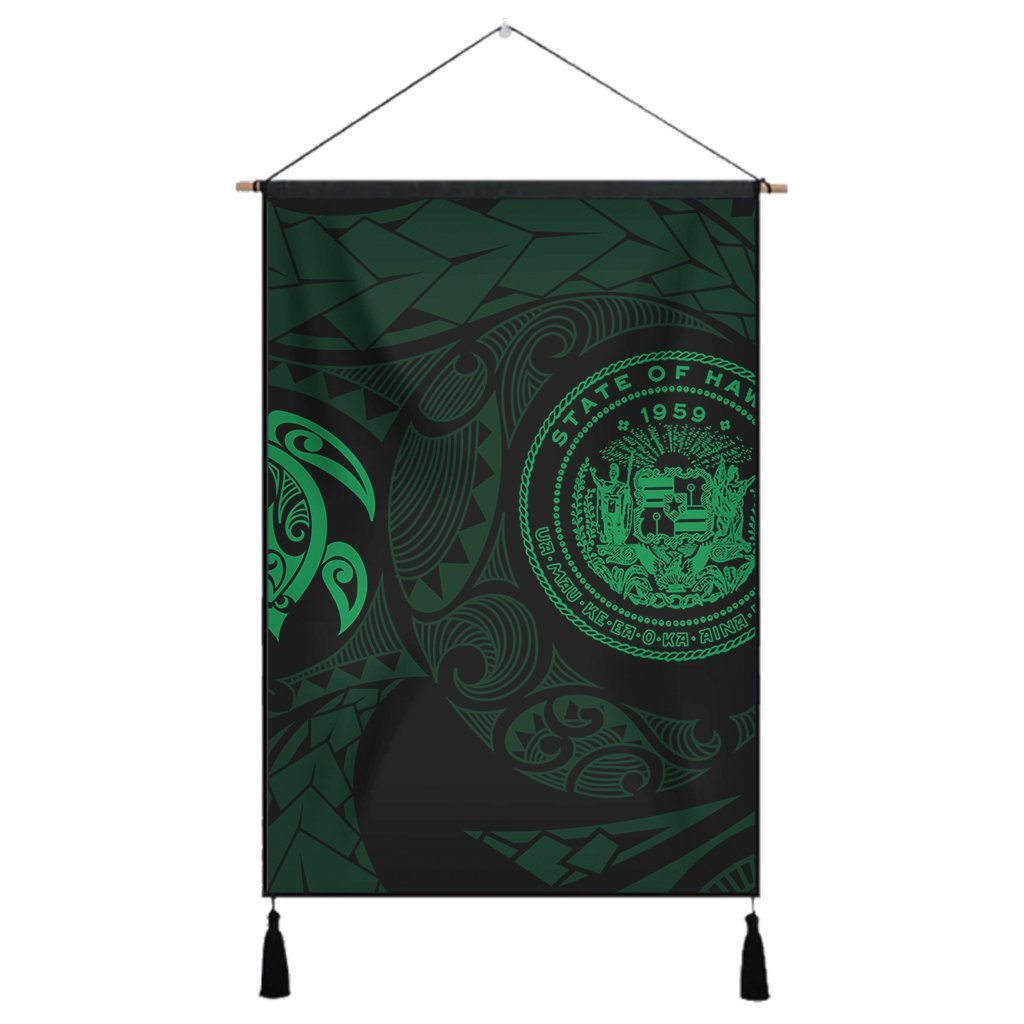 Hawaiian Coat Of Arms Turtle Polynesian Hanging Poster Green AH Hanging Poster Cotton And Linen - Polynesian Pride