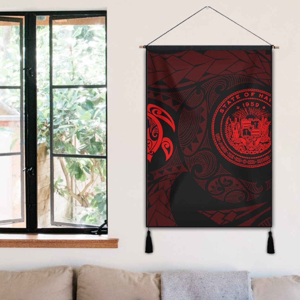 Hawaiian Coat Of Arms Turtle Polynesian Hanging Poster Red AH - Polynesian Pride