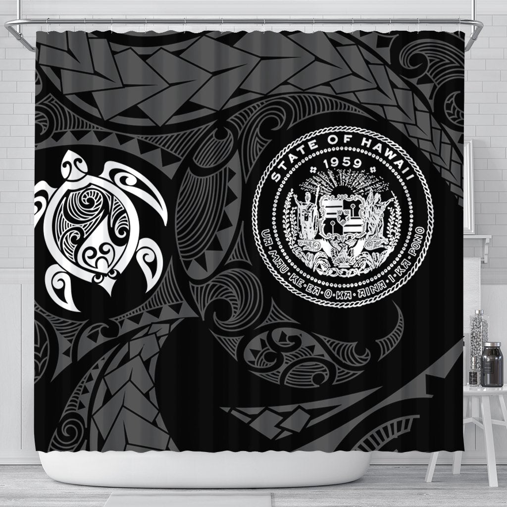 Hawaiian Coat Of Arms Turtle Polynesian Shower Curtain White AH 177 x 172 (cm) Black - Polynesian Pride