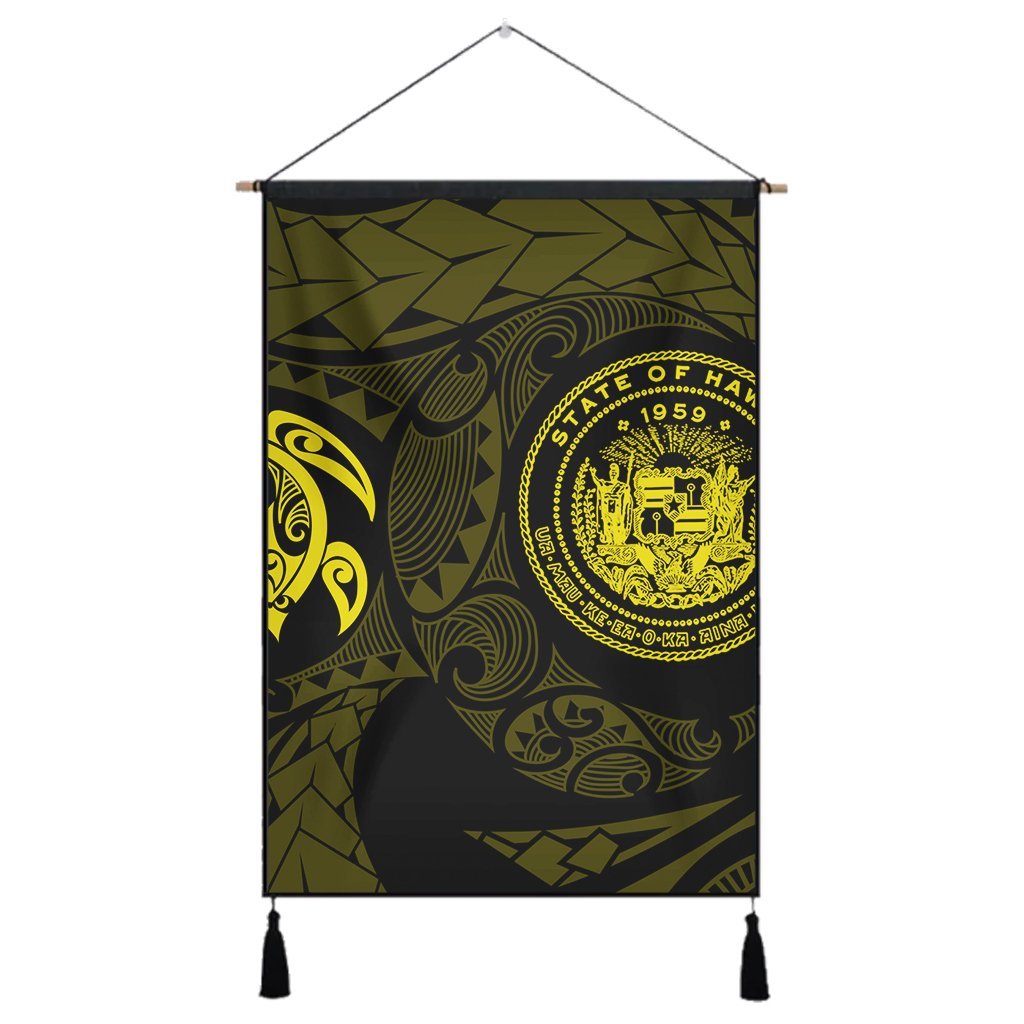 Hawaiian Coat Of Arms Turtle Polynesian Hanging Poster Yellow AH Hanging Poster Cotton And Linen - Polynesian Pride