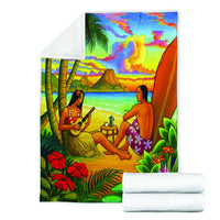 Hawaiian Couple Sing A Song On Beach Sunset Premium Blankets - AH - Polynesian Pride