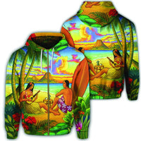 Hawaiian Couple Sing A Song On Beach Sunset Zip Hoodie Unisex Art - Polynesian Pride