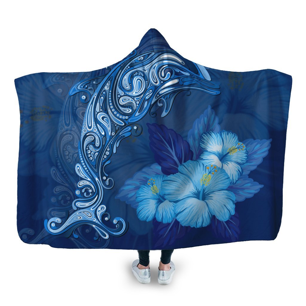 Hawaiian Dolphin Hibiscus Tropic Blue Polynesian Hooded Blanket - AH Hooded Blanket White - Polynesian Pride