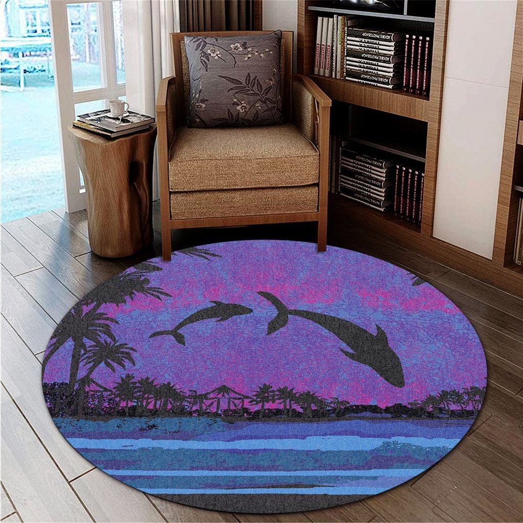 Hawaiian Dolphin In Night Polynesian Round Carpet - AH - Polynesian Pride