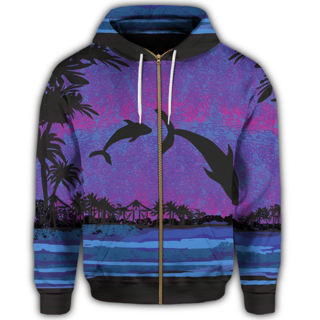 Hawaiian Dolphin In Night Polynesian Zip Hoodie - Polynesian Pride