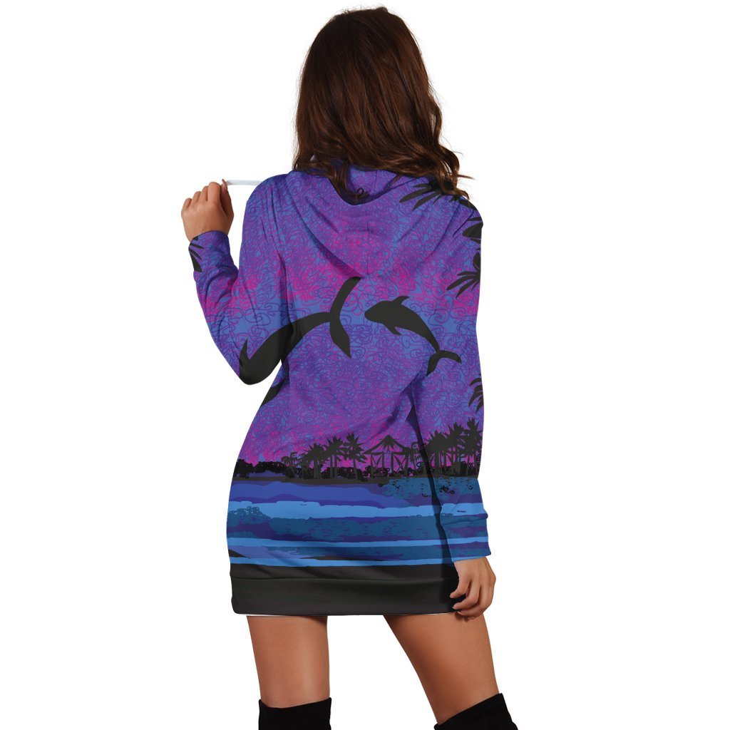 Hawaiian Dolphin In Night Polynesian Hoodie Dress - AH - Polynesian Pride