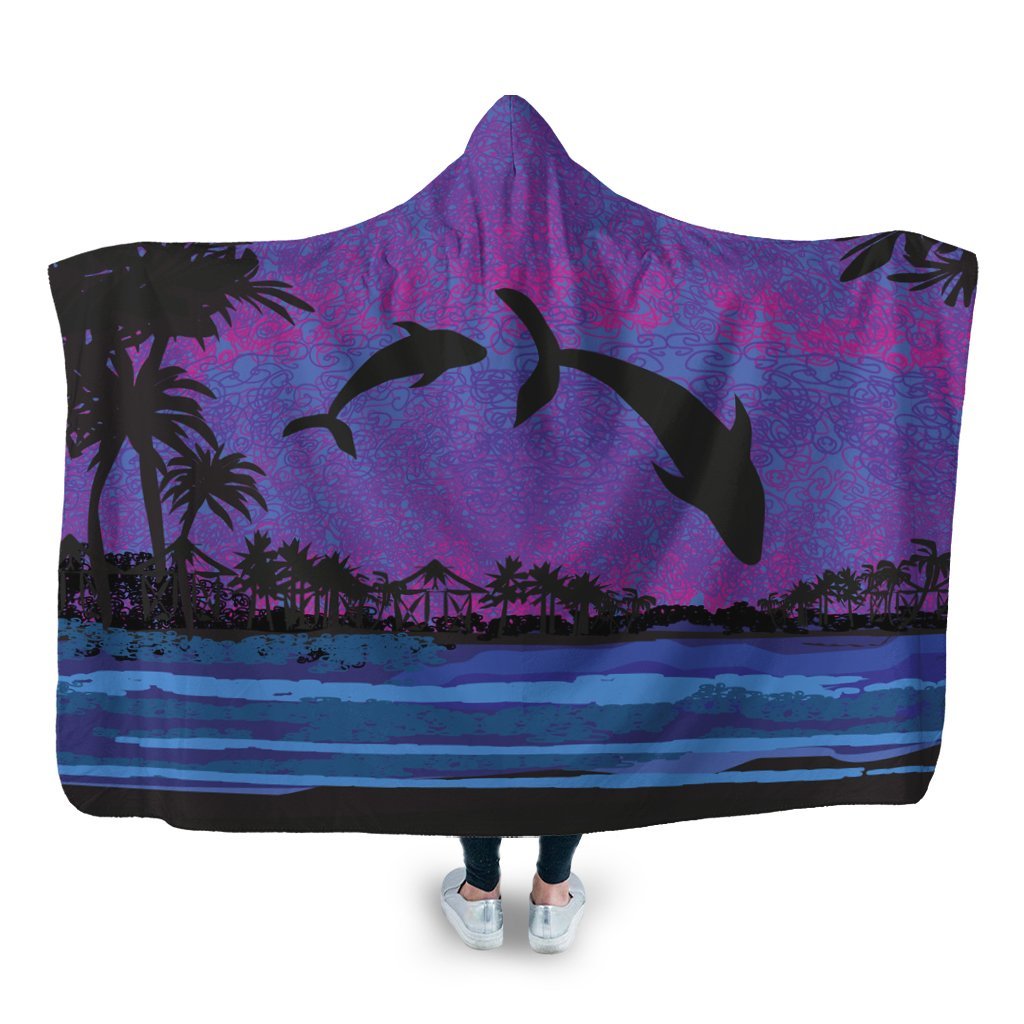 Hawaiian Dolphin In Night Polynesian Hooded Blanket - AH Hooded Blanket White - Polynesian Pride