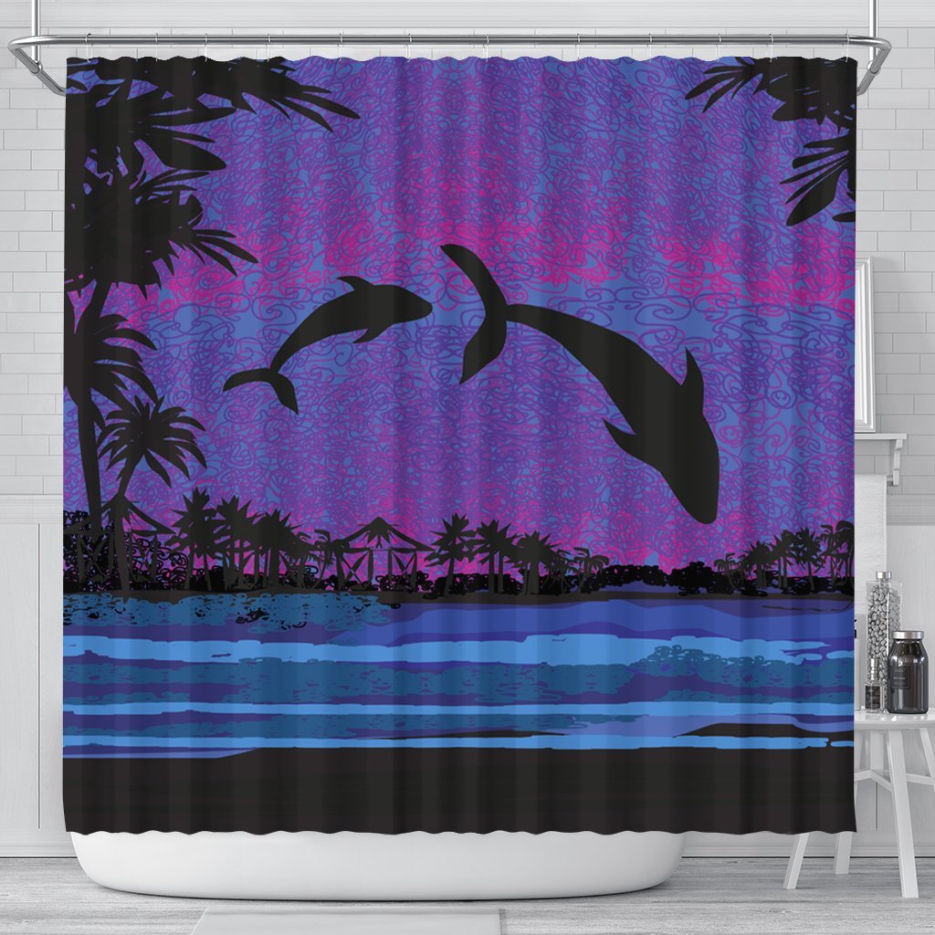 Hawaiian Dolphin In Night Polynesian Shower Curtain - AH 177 x 172 (cm) Black - Polynesian Pride