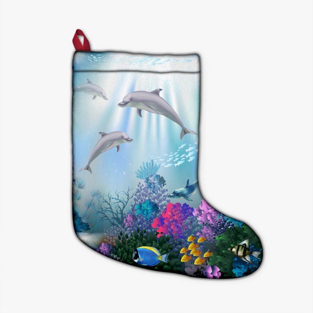 Hawaiian Dolphins Play The Ocean Polynesian Christmas Stocking - AH Christmas Stocking 26 X 42 cm Black - Polynesian Pride