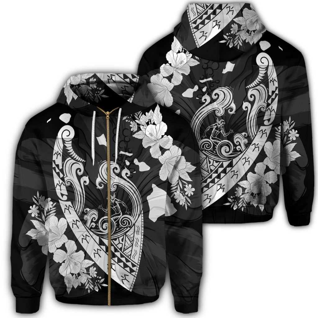 Hawaiian Fish Hook Hibiscus Banzai Surfing Polynesian Zip Hoodie Unisex Art - Polynesian Pride