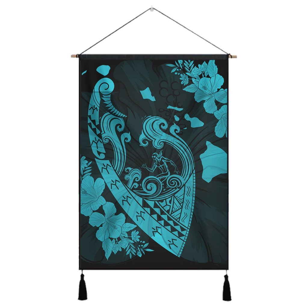 Hawaiian Fish Hook Hibiscus Banzai Surfing Polynesian Hanging Poster Blue - AH Hanging Poster Cotton And Linen - Polynesian Pride