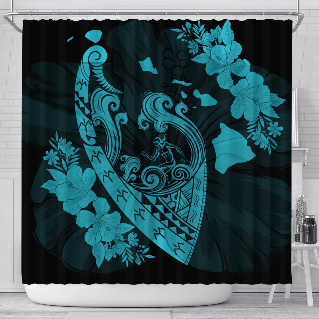 Hawaiian Fish Hook Hibiscus Banzai Surfing Polynesian Shower Curtain Blue - AH 177 x 172 (cm) Black - Polynesian Pride