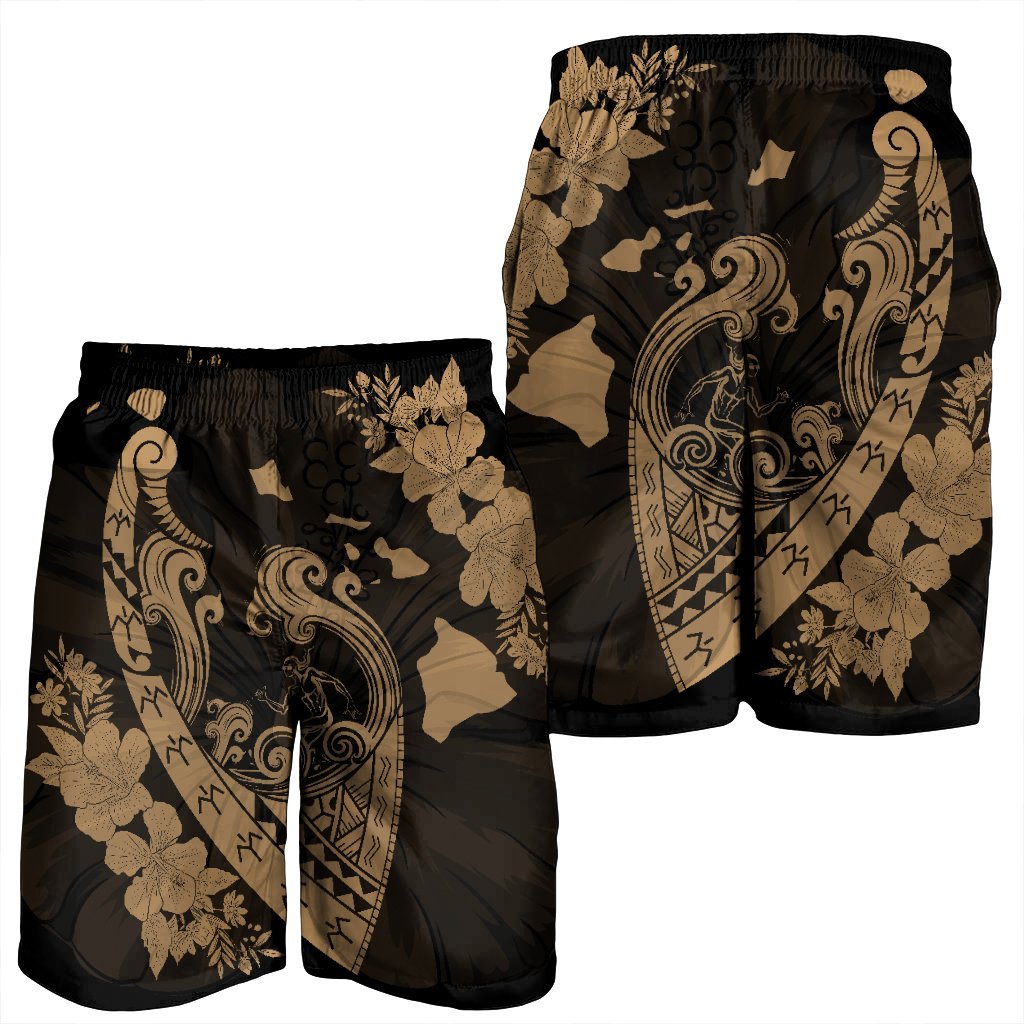 Hawaiian Fish Hook Hibiscus Banzai Surfing Polynesian Men's Shorts Gold - AH - Polynesian Pride