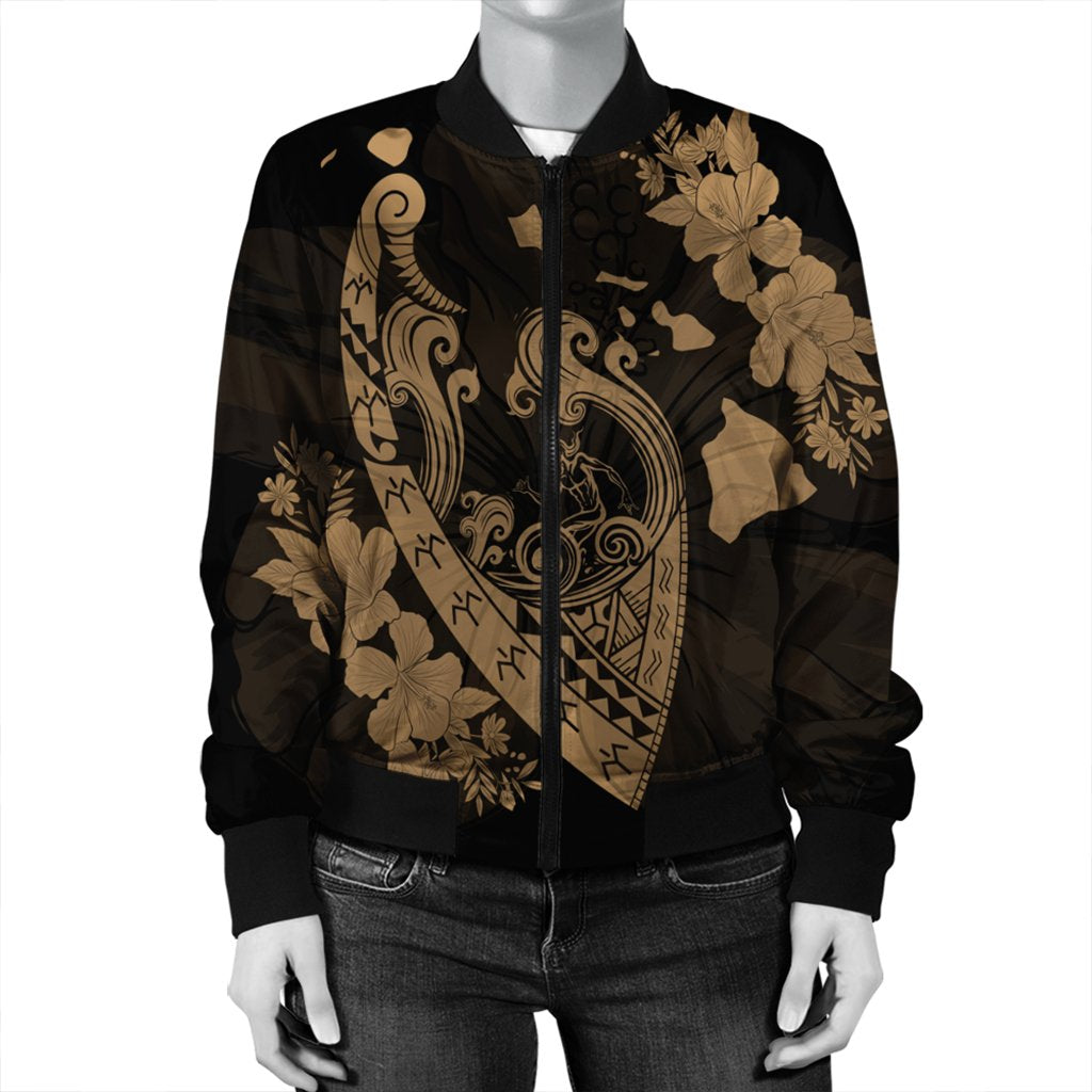 Hawaiian Fish Hook Hibiscus Banzai Surfing Polynesian Bomber Jacket Gold - AH - Polynesian Pride