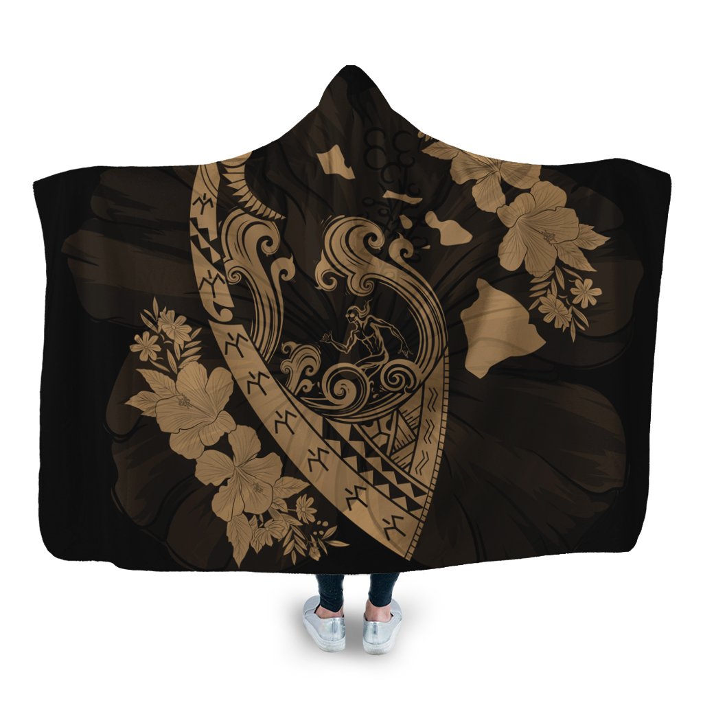 Hawaiian Fish Hook Hibiscus Banzai Surfing Polynesian Hooded Blanket Gold - AH Hooded Blanket White - Polynesian Pride