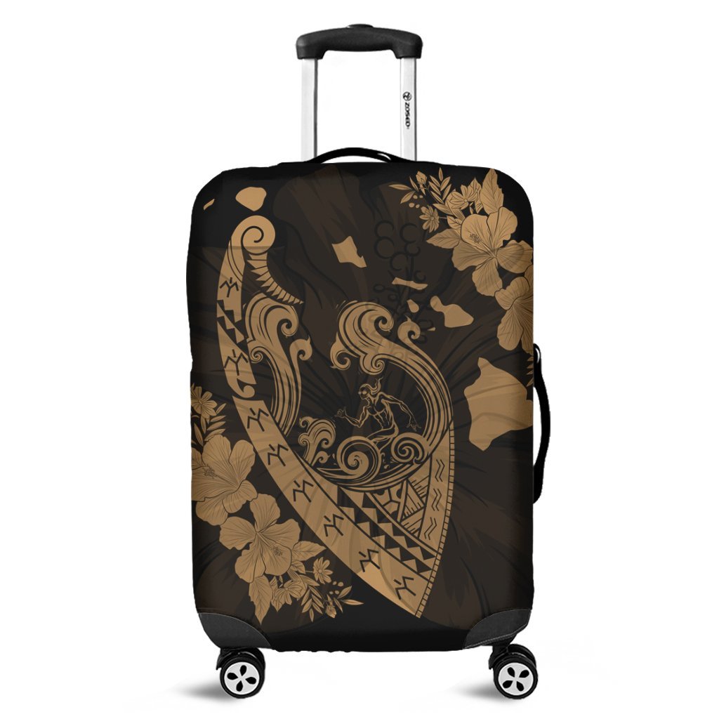 Hawaiian Fish Hook Hibiscus Banzai Surfing Polynesian Luggage Covers Gold - AH Black - Polynesian Pride