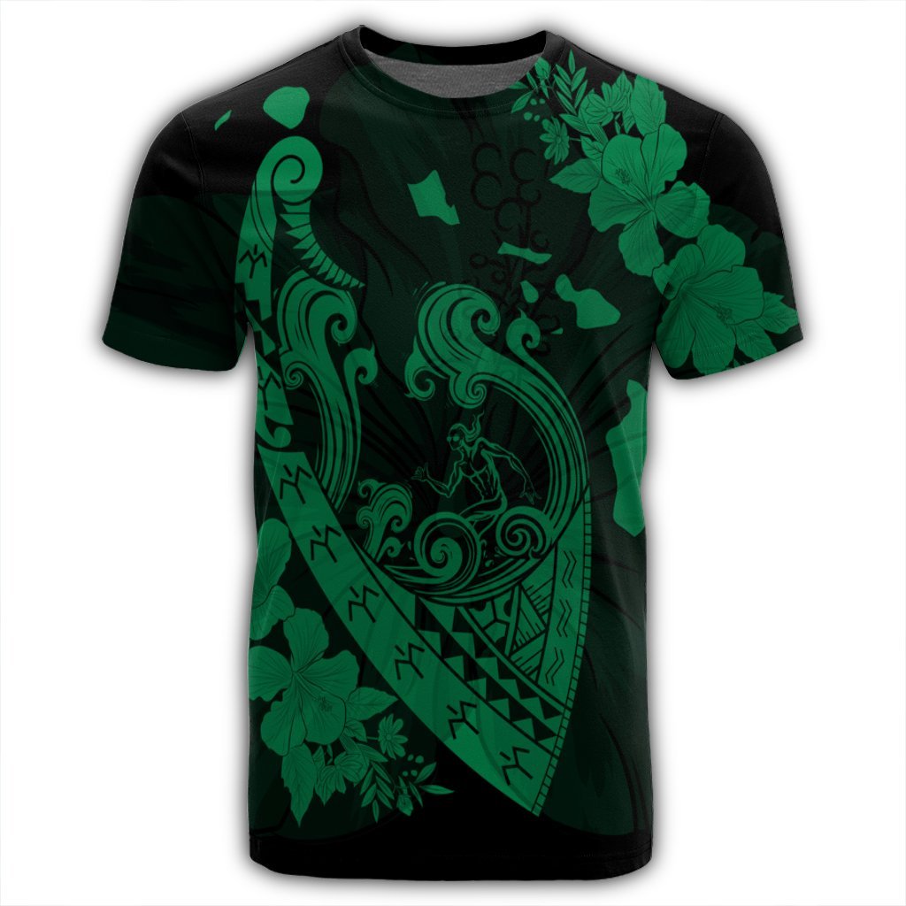 Hawaiian Fish Hook Hibiscus Banzai Surfing Polynesian T Shirt Green - Polynesian Pride
