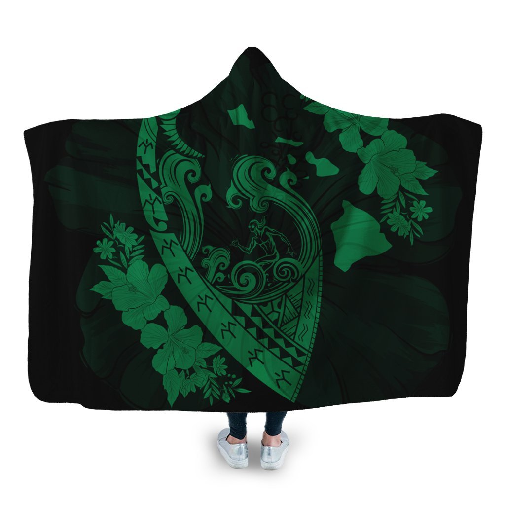 Hawaiian Fish Hook Hibiscus Banzai Surfing Polynesian Hooded Blanket Green - AH Hooded Blanket White - Polynesian Pride