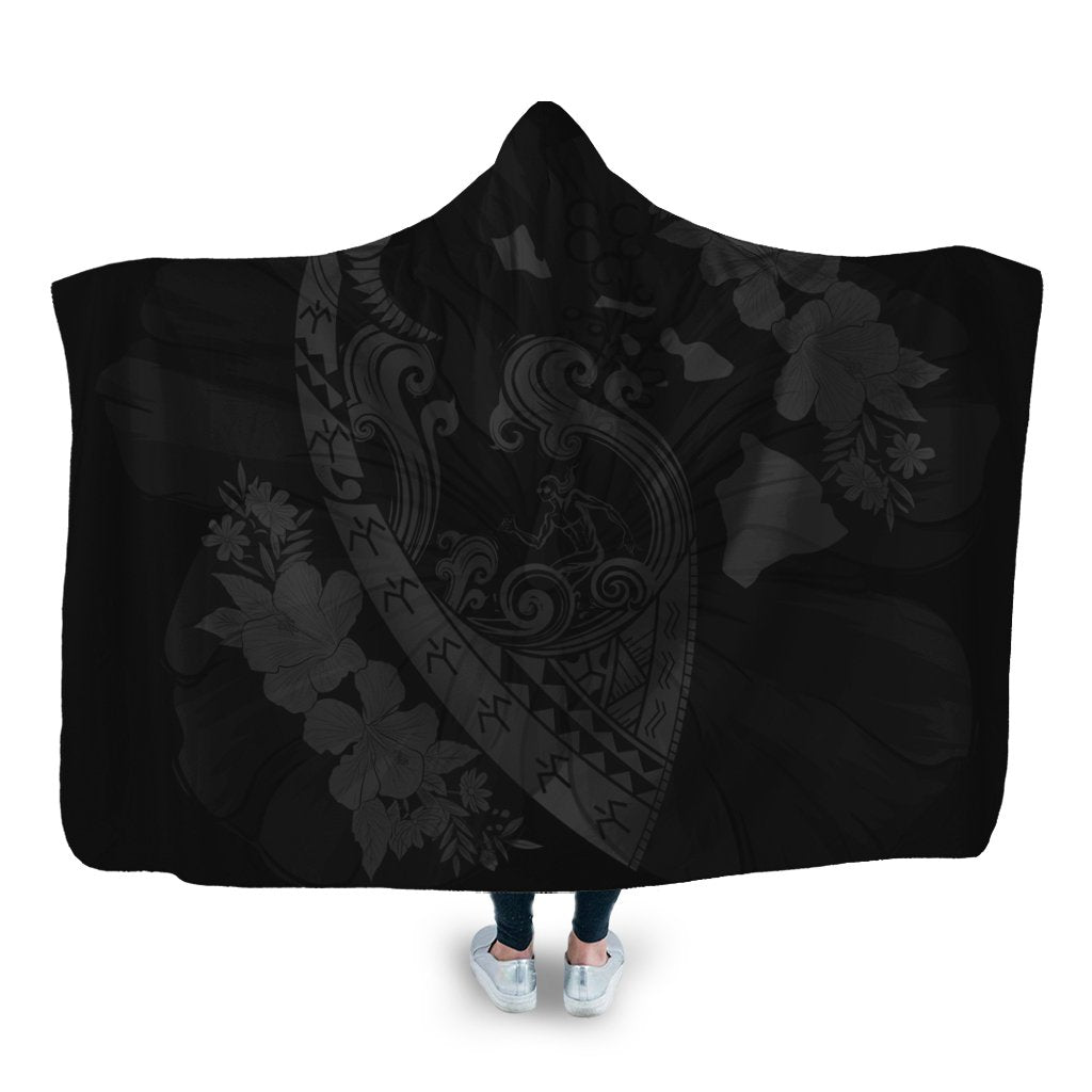 Hawaiian Fish Hook Hibiscus Banzai Surfing Polynesian Hooded Blanket Grey - AH Hooded Blanket White - Polynesian Pride