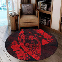 Hawaiian Fish Hook Hibiscus Banzai Surfing Polynesian Round Carpet Red - AH - Polynesian Pride