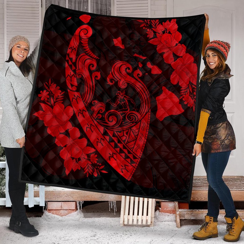 Hawaiian Fish Hook Hibiscus Banzai Surfing Polynesian Premium Quilts Red - AH - Polynesian Pride