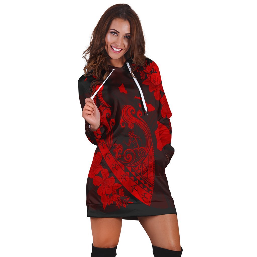 Hawaiian Fish Hook Hibiscus Banzai Surfing Polynesian Hoodie Dress Red - AH - Polynesian Pride