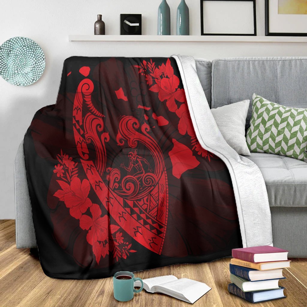 Hawaiian Fish Hook Hibiscus Banzai Surfing Polynesian Premium Blankets Red - AH - Polynesian Pride