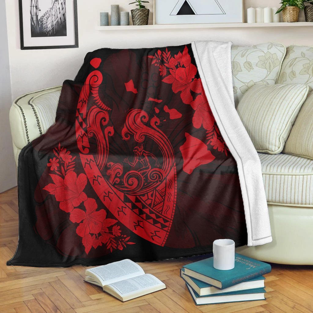 Hawaiian Fish Hook Hibiscus Banzai Surfing Polynesian Premium Blankets Red - AH White - Polynesian Pride