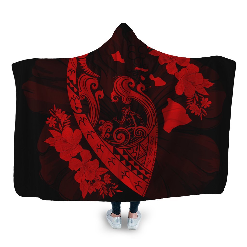 Hawaiian Fish Hook Hibiscus Banzai Surfing Polynesian Hooded Blanket Red - AH Hooded Blanket White - Polynesian Pride