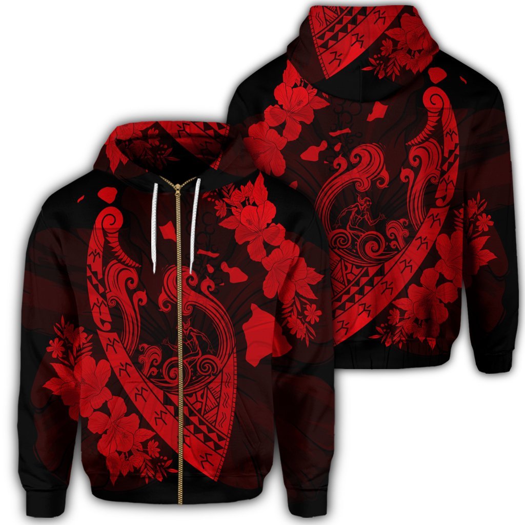 Hawaiian Fish Hook Hibiscus Banzai Surfing Polynesian Zip Hoodie Red Unisex Art - Polynesian Pride