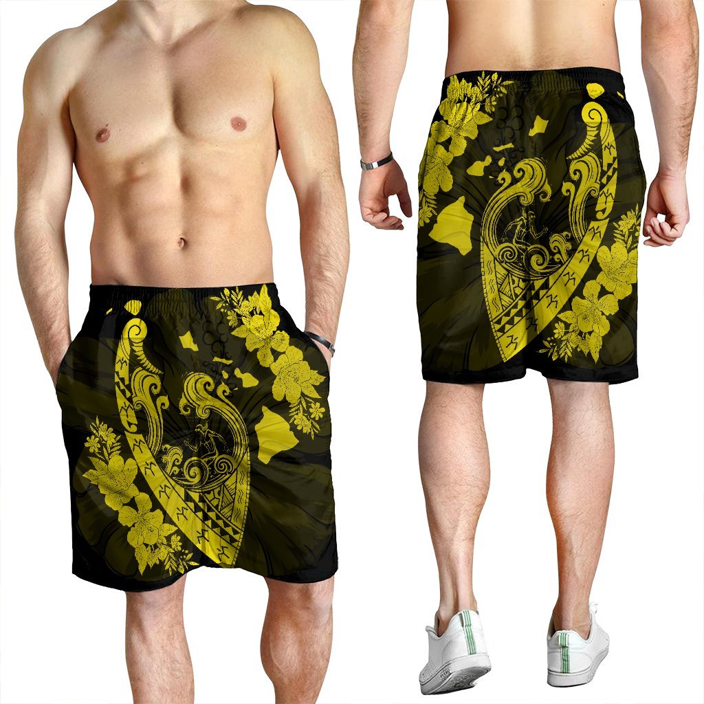 Hawaiian Fish Hook Hibiscus Banzai Surfing Polynesian Men's Shorts Yellow - AH - Polynesian Pride